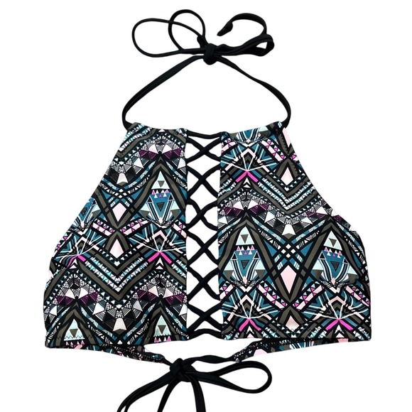 Rue21 Other - Rue Bleu Rue21 Geometric Tribal Lace Up High Neck Halter Bikini Top Size M Boho